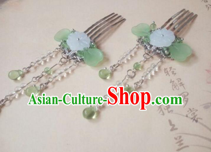 Traditional Handmade Chinese Ancient Classical Hair Accessories Green Jade Tassel Hair Comb for Women