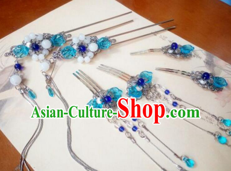 Traditional Handmade Chinese Ancient Classical Hair Accessories Hairpins Blue Coloured Glaze Hair Comb Headwear Complete Set for Women