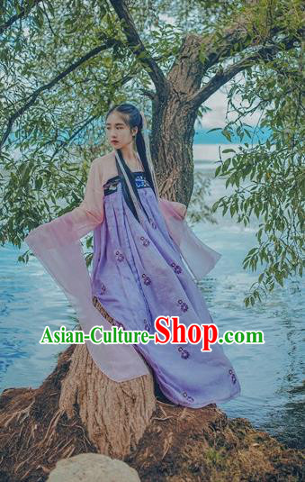 Traditional Chinese Tang Dynasty Palace Lady Fairy Costume Blouse and Embroidery Purple Slip Skirt, Elegant Hanfu Clothing Chinese Ancient Princess Clothing for Women