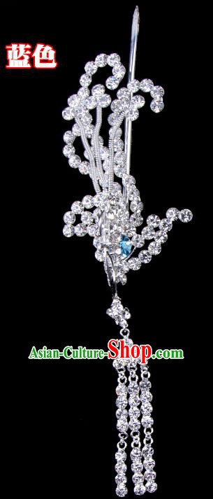 Traditional Beijing Opera Diva Hair Accessories Crystal Phoenix Hairpins Head-ornaments, Ancient Chinese Peking Opera Hua Tan Tassel Step Shake Hair Stick Headwear