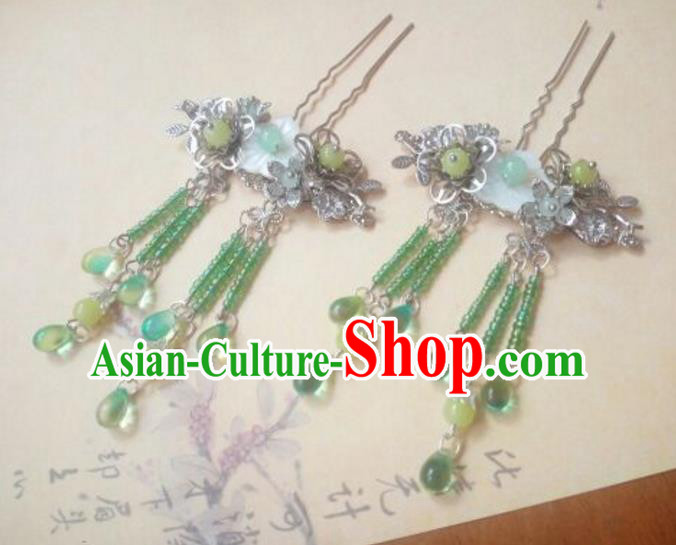 Traditional Handmade Chinese Ancient Classical Hanfu Hair Accessories Green Bead Step Shake, Princess Palace Lady Hairpins Hair Stick for Women