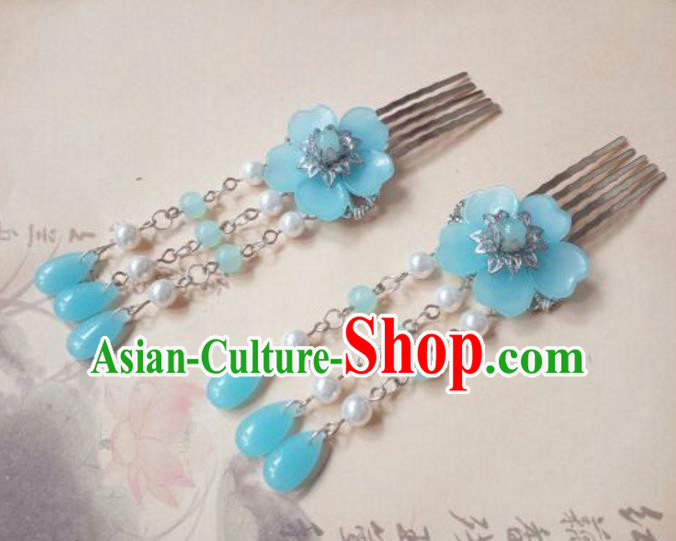 Traditional Handmade Chinese Ancient Classical Hanfu Hair Accessories Blue Flower Tassel Hair Comb, Princess Palace Lady Hairpins Hair Stick for Women