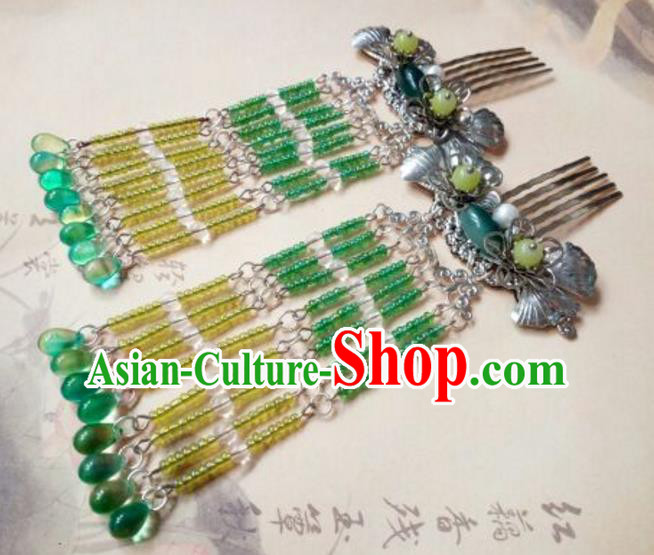 Traditional Handmade Chinese Ancient Classical Hanfu Hair Accessories Green Beads Tassel Hair Comb, Princess Palace Lady Hairpins Hair Stick for Women