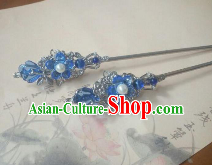 Traditional Handmade Chinese Ancient Classical Hanfu Hair Accessories Princess Palace Lady Blue Flower Hairpins Hair Stick for Women