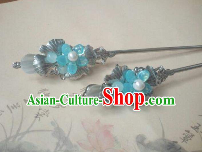 Traditional Handmade Chinese Ancient Classical Hanfu Hair Accessories Princess Palace Lady Blue Flower Hairpins Hair Stick for Women