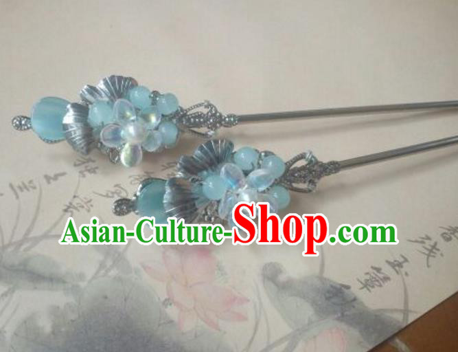 Traditional Handmade Chinese Ancient Classical Hanfu Hair Accessories Princess Palace Lady Blue Flower Hairpins Hair Stick for Women