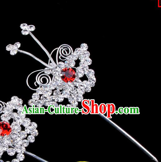 Traditional Beijing Opera Diva Hair Accessories Red Crystal Butterfly Head Ornaments Hairpins, Ancient Chinese Peking Opera Hua Tan Hair Stick Headwear