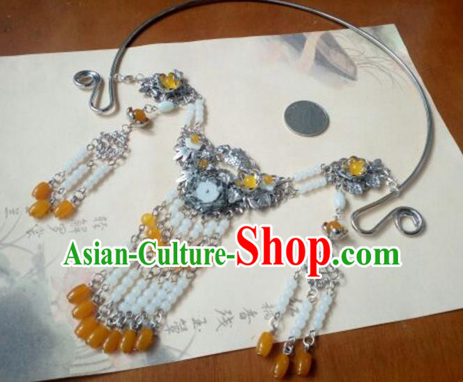 Traditional Handmade Chinese Ancient Classical Hanfu Accessories Necklace, Princess Palace Lady Yellow Beads Tassel Necklet Collar for Women