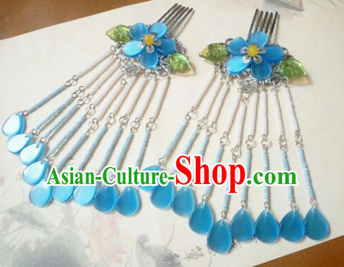 Traditional Handmade Chinese Ancient Classical Hanfu Hair Accessories Blue Hair Comb, Princess Palace Lady Tassel Hairpins for Women