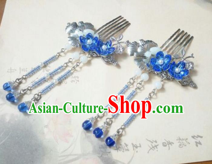 Traditional Handmade Chinese Ancient Classical Hanfu Hair Accessories Tassel Hairpins, Princess Palace Lady Blue Tassel Hair Comb for Women