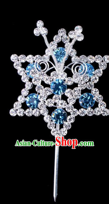 Traditional Beijing Opera Diva Hair Accessories Blue Crystal Hexagon Head Ornaments Hairpins, Ancient Chinese Peking Opera Hua Tan Hair Stick Headwear