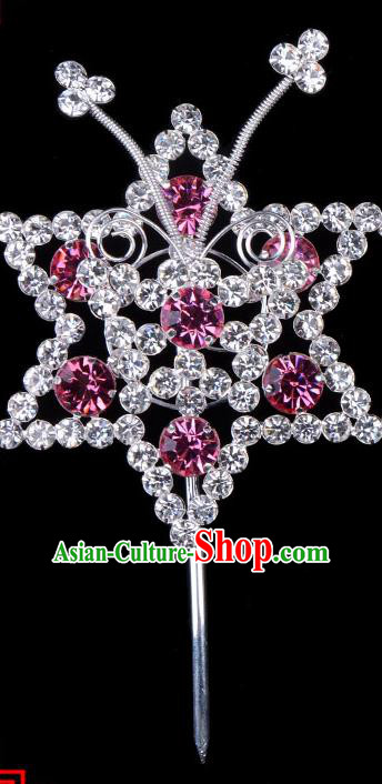 Traditional Beijing Opera Diva Hair Accessories Pink Crystal Hexagon Head Ornaments Hairpins, Ancient Chinese Peking Opera Hua Tan Hair Stick Headwear