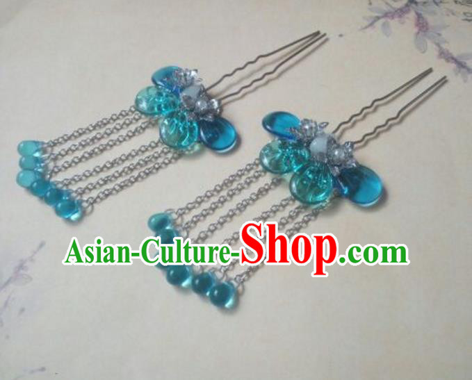 Traditional Handmade Chinese Ancient Classical Hanfu Hair Accessories Hairpins Blue Tassel Hair Comb, Princess Headpiece Palace Lady Hair Stick for Women