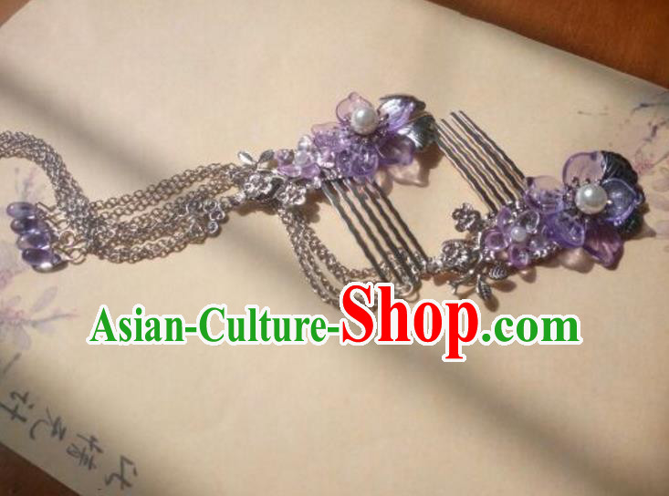 Traditional Handmade Chinese Ancient Classical Hanfu Hair Accessories Hairpins Purple Tassel Hair Comb, Princess Headpiece Palace Lady Hair Stick for Women