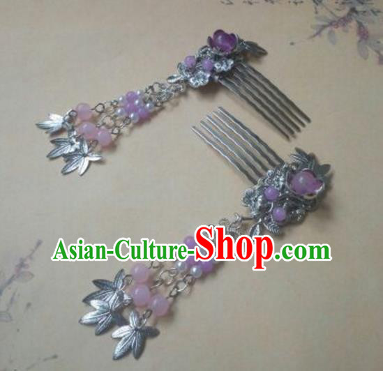 Traditional Handmade Chinese Ancient Classical Hanfu Hair Accessories Hairpins Purple Hair Comb, Princess Palace Lady Tassel Step Shake Hair Stick for Women