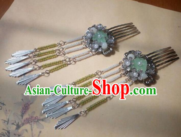 Traditional Handmade Chinese Ancient Classical Hanfu Hair Accessories Hairpins Green Bead Hair Comb, Princess Headpiece Palace Lady Tassel Step Shake Hair Stick for Women