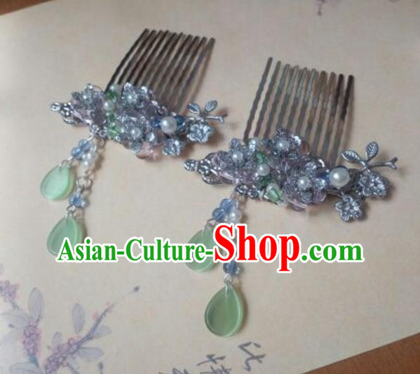 Traditional Handmade Chinese Ancient Classical Hanfu Hair Accessories Green Hair Comb Hairpins, Princess Headpiece Step Shake Hair Fascinators for Women