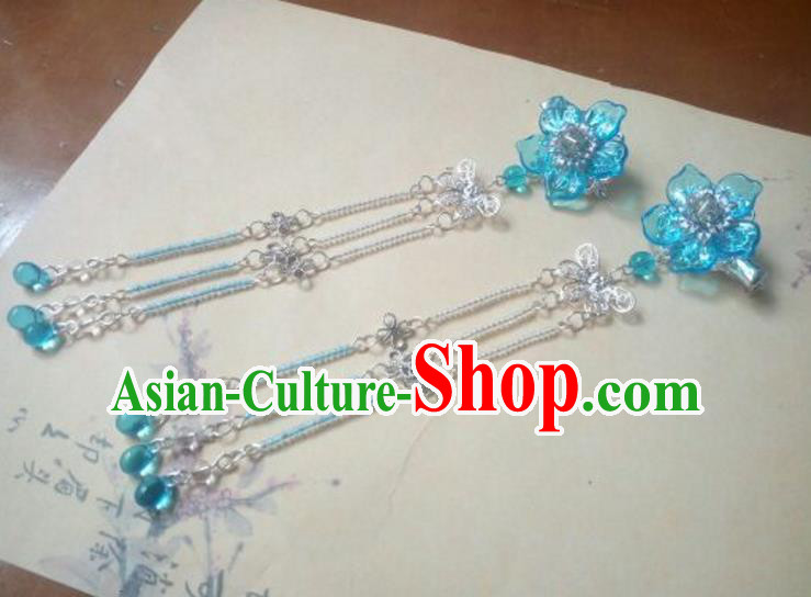 Traditional Handmade Chinese Ancient Classical Hanfu Hair Accessories Palace Lady Blue Flower Tassel Hair Claw, Princess Headpiece Hairpins Hair Fascinators for Women
