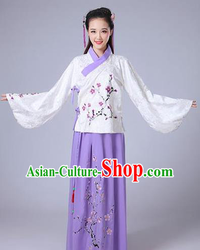 Traditional Asian Oriental China Costume Embroidery Wintersweet White Blouse and Purple Skirt Complete Set, Chinese Ming Dynasty Imperial Princess Embroidered Clothing for Women