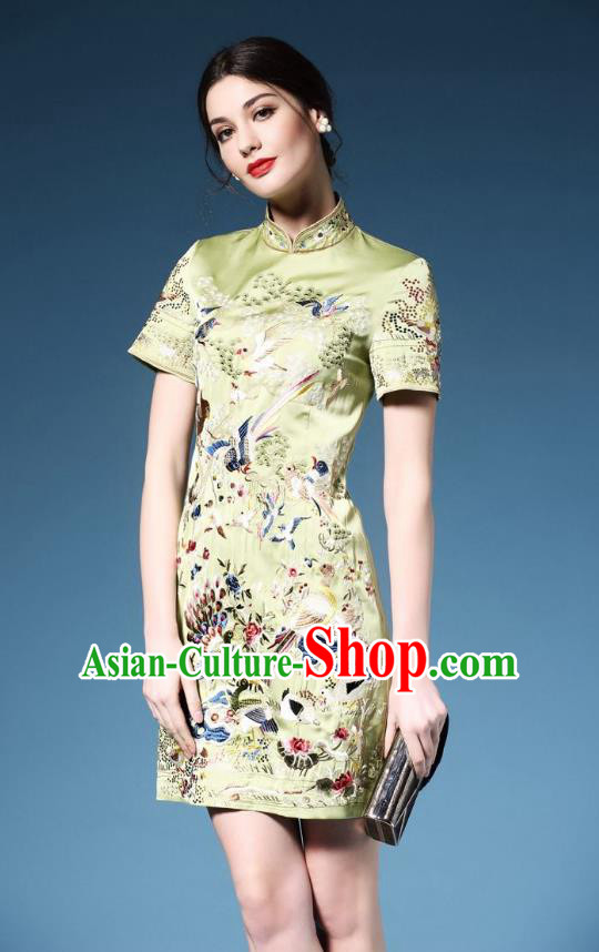 Traditional Top Grade Asian Chinese Costumes Classical Embroidery Cheongsam, China National Chirpaur Dress Green Qipao for Women