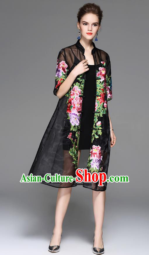 Traditional Top Grade Asian Chinese Costumes Classical Embroidery Peony Black Coat, China National Plated Buttons Dust Coat for Women