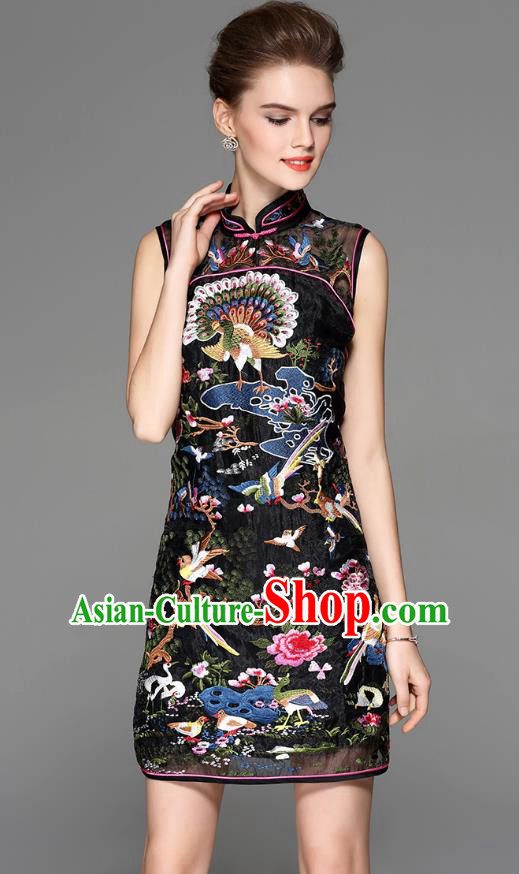 Traditional Top Grade Asian Chinese Costumes Classical Embroidery Cheongsam, China National Black Chirpaur Dress Qipao for Women