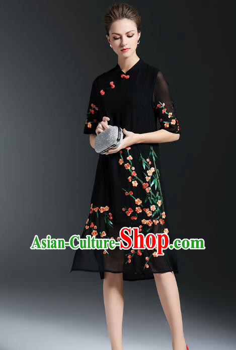 Top Grade Asian Chinese Costumes Classical Embroidery Plum Blossom Slant Opening Cheongsam, Traditional China National Black Chiffon Chirpaur Dress Plated Buttons Qipao for Women