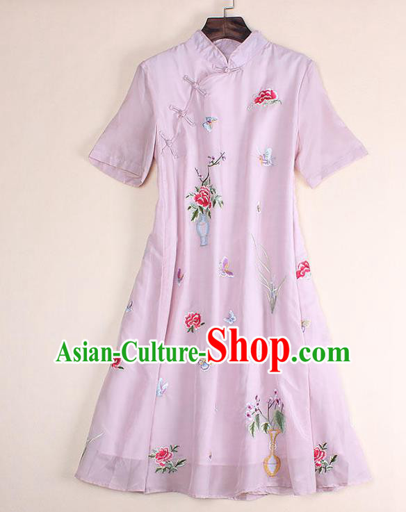 Top Grade Asian Chinese Costumes Classical Embroidery Pink Dress Silk Cheongsam, Traditional China National Embroidered Chirpaur Qipao for Women