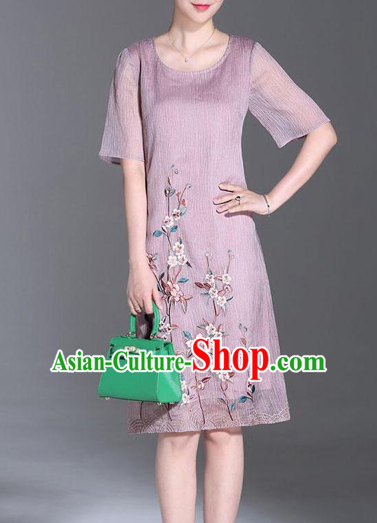 Top Grade Asian Chinese Costumes Classical Embroidery Purple Dress Cheongsam, Traditional China National Embroidered Chirpaur Qipao for Women