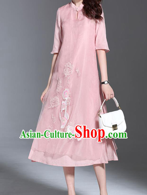 Top Grade Asian Chinese Costumes Classical Embroidery Pink Dress Stand Collar Cheongsam, Traditional China National Embroidered Chirpaur Qipao for Women