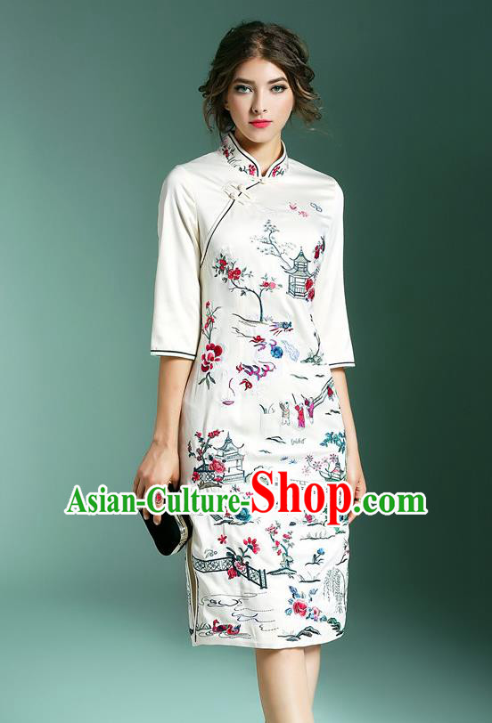 Top Grade Asian Chinese Costumes Classical Embroidery Stand Collar White Cheongsam, Traditional China National Embroidered Plated Buttons Chirpaur Qipao for Women