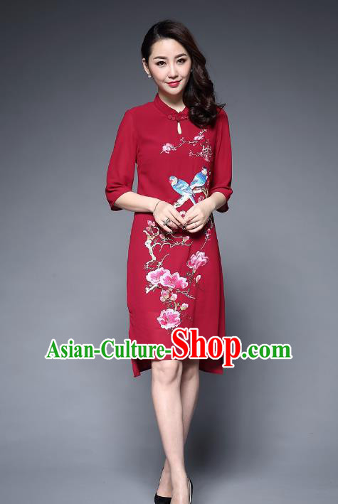 Top Grade Asian Chinese Costumes Classical Embroidery Birds Flowers Cheongsam, Traditional China National Chiffon Chirpaur Dress Red Qipao for Women