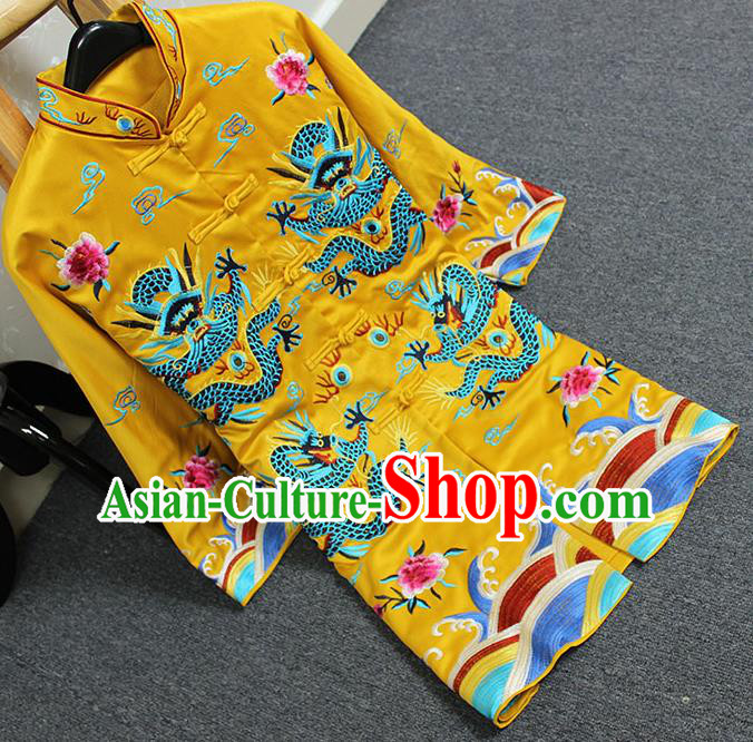 Traditional Top Grade Asian Chinese Costumes Classical Embroidery Dragons Yellow Coat, China National Plated Buttons Dust Coat for Women