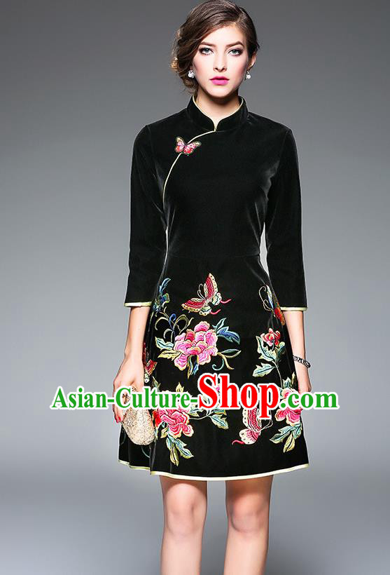 Top Grade Asian Chinese Costumes Classical Embroidery Butterfly Flowers Cheongsam, Traditional China National Black Chirpaur Dress Qipao for Women