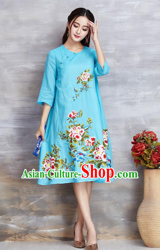 Top Grade Asian Chinese Linen Costumes Classical Embroidery Flowers Cheongsam, Traditional China National Blue Plated Buttons Chirpaur Dress Qipao for Women
