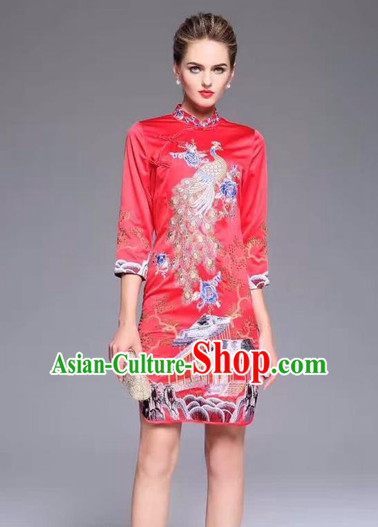 Top Grade Asian Chinese Costumes Classical Embroidery Peacock Cheongsam, Traditional China National Middle Sleeve Chirpaur Plated Buttons Red Qipao for Women