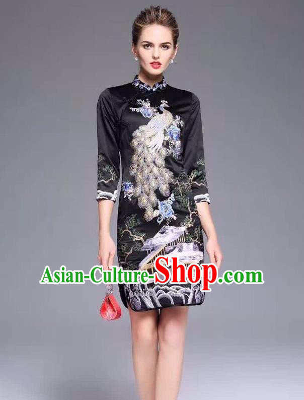 Top Grade Asian Chinese Costumes Classical Embroidery Peacock Cheongsam, Traditional China National Middle Sleeve Chirpaur Plated Buttons Black Qipao for Women