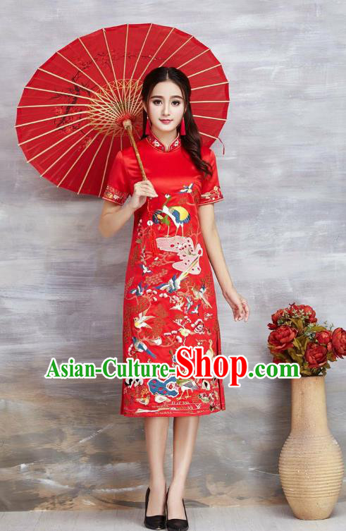 Top Grade Asian Chinese Costumes Classical Embroidery Cranes Cheongsam, Traditional China National Red Chirpaur Dress Satin Qipao for Women