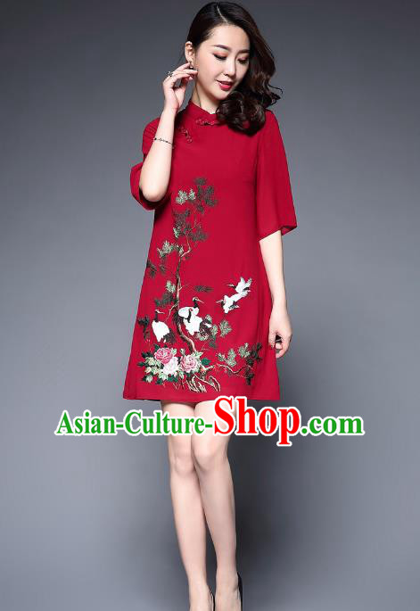 Top Grade Asian Chinese Costumes Classical Embroidery Crane Short Cheongsam, Traditional China National Slant Opening Red Chirpaur Dress Qipao for Women