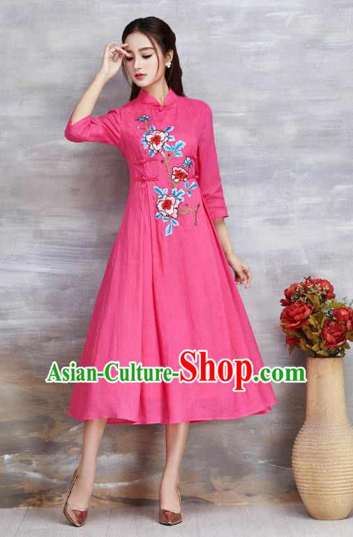 Top Grade Asian Chinese Costumes Classical Embroidery Peony Slant Opening Pink Cheongsam, Traditional China National Plated Buttons Chirpaur Dress Qipao for Women