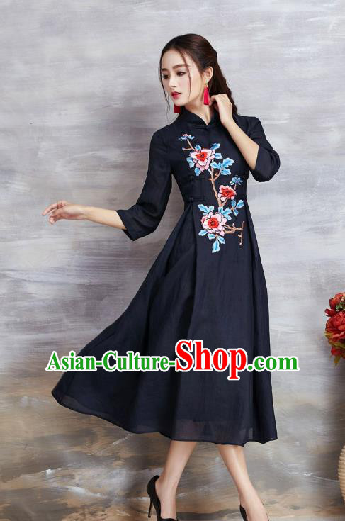 Top Grade Asian Chinese Costumes Classical Embroidery Peony Slant Opening Navy Cheongsam, Traditional China National Plated Buttons Chirpaur Dress Qipao for Women