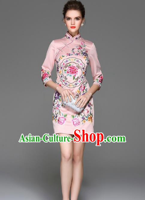 Top Grade Asian Chinese Costumes Classical Embroidery Peony Silk Pink Cheongsam, Traditional China National Plated Buttons Chirpaur Dress Qipao for Women
