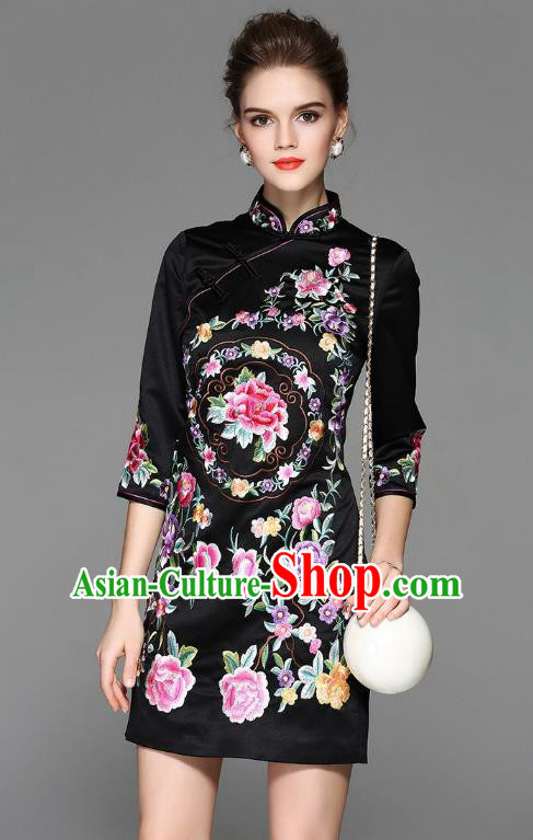 Top Grade Asian Chinese Costumes Classical Embroidery Peony Silk Black Cheongsam, Traditional China National Plated Buttons Chirpaur Dress Qipao for Women