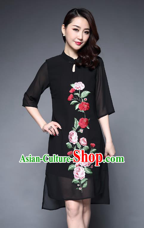 Asian Chinese Oriental Costumes Classical Embroidery Peony Black Chiffon Cheongsam, Traditional China National Tang Suit Plated Buttons Chirpaur Dress Qipao for Women