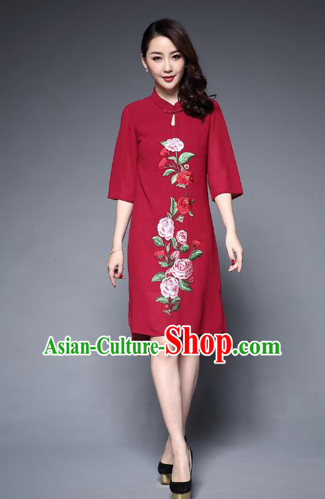 Asian Chinese Oriental Costumes Classical Embroidery Peony Red Chiffon Cheongsam, Traditional China National Tang Suit Plated Buttons Chirpaur Dress Qipao for Women