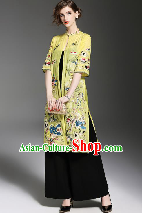 Asian Chinese Oriental Costumes Classical Embroidery Yellow Cardigan, Traditional China National Tang Suit Upper Outer Garment Overcoat for Women