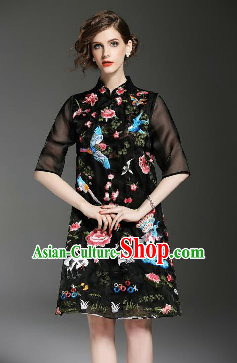 Asian Chinese Oriental Costumes Classical Embroidery Black Cheongsam, Traditional China National Tang Suit Qipao Dress for Women