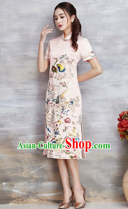 Asian Chinese Oriental Costumes Classical Embroidery Crane Pink Cheongsam, Traditional China National Tang Suit Qipao Dress for Women