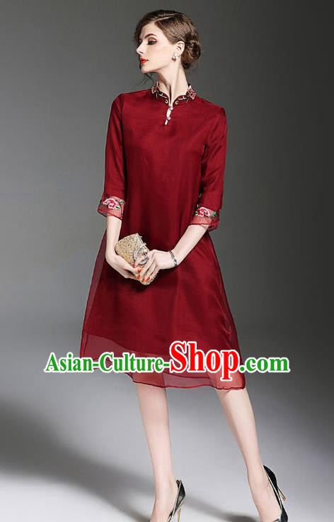 Asian Chinese Oriental Costumes Classical Embroidery Organza Wine Red Cheongsam, Traditional China National Tang Suit Qipao Dress for Women