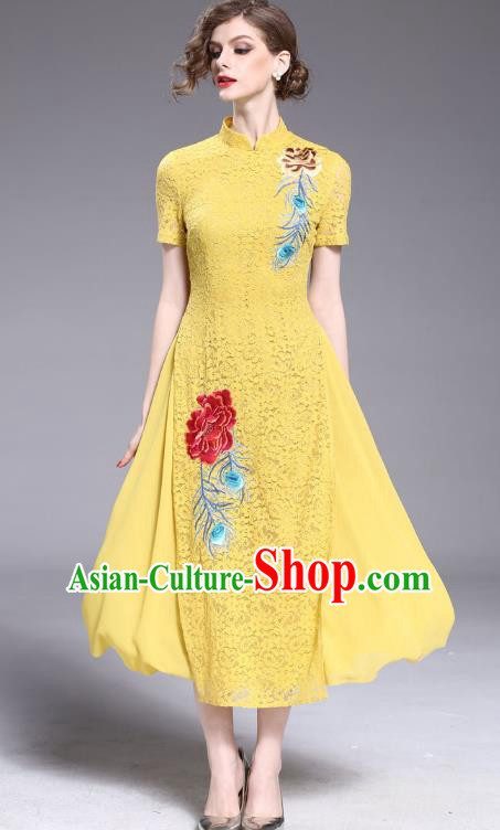 Asian Chinese Oriental Costumes Classical Embroidery Yellow Lace Cheongsam, Traditional China National Tang Suit Stand Collar Qipao Dress for Women